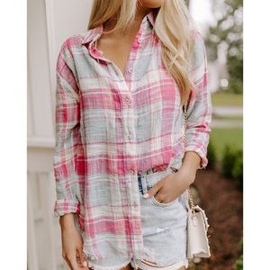 🆕 Pastel Fall Plaid Button Down Pink Mint Lightweight Oversized Button Up